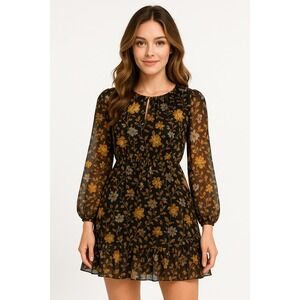 Old‎ Navy Dress Womens S Black Yellow Floral Ruffle Smocked Tiered Flowy Mini